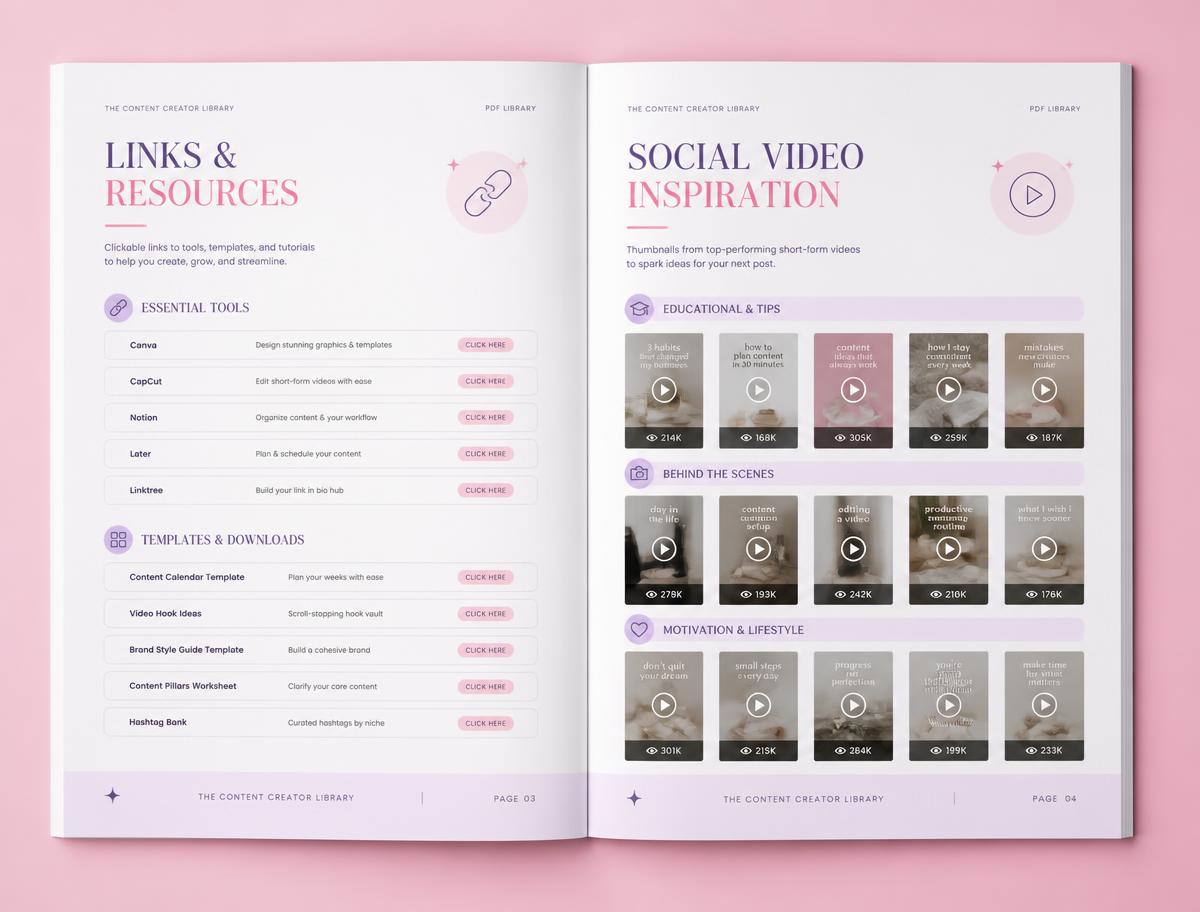 Open PDF spread showing organized clickable link rows and Reel thumbnail grids